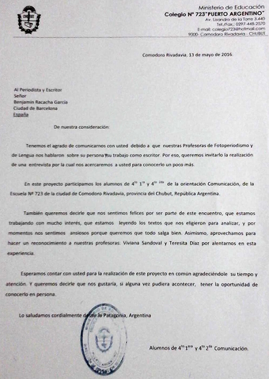 Carta alumnos Colegio Nº723 Puerto Argentino